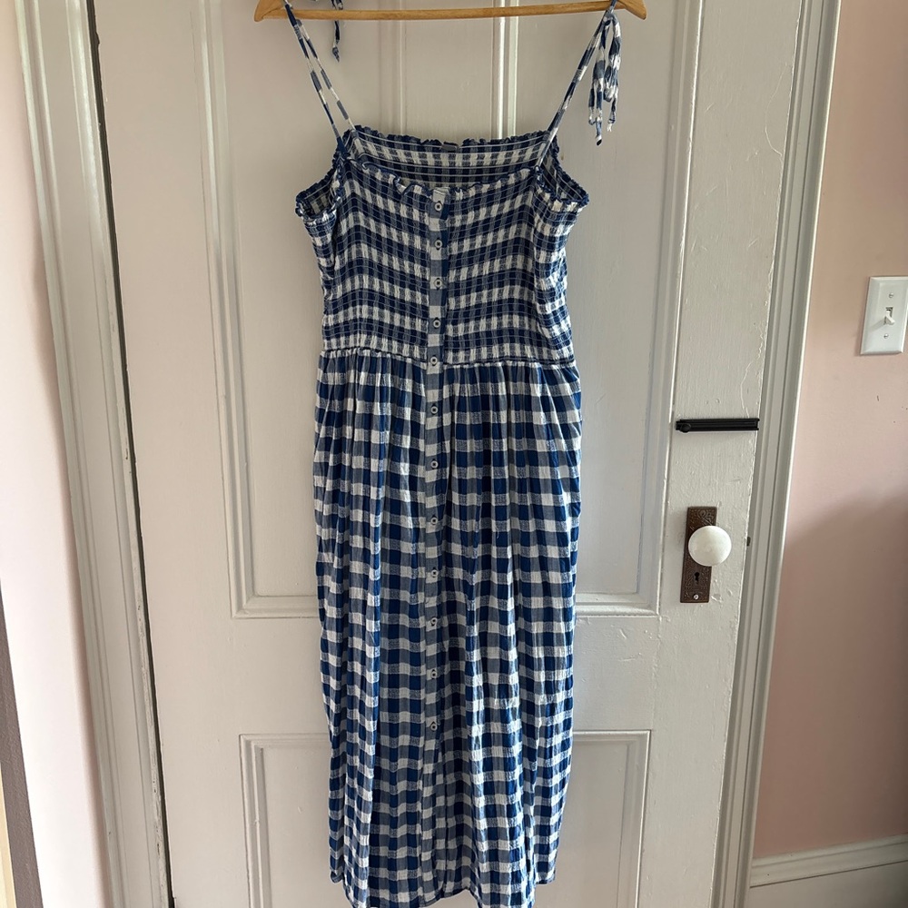 American Eagle Blue and White Gingham Midi Spaghetti Strap Dress - Lg